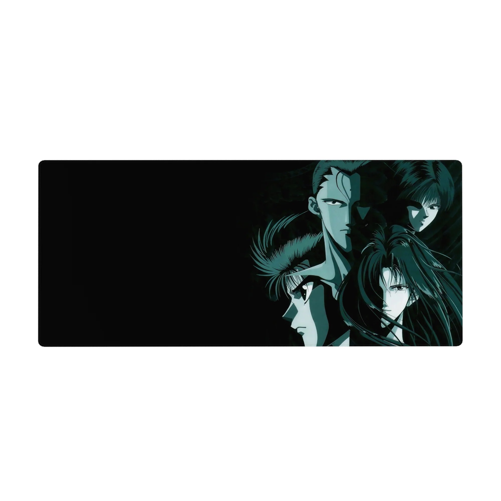 36x16 inches anime desk pad with three stoic warriors, layered faces, sharp highlights, smoky noir backdrop.