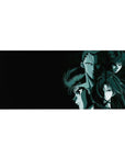 36x16 inches anime desk pad with three stoic warriors, layered faces, sharp highlights, smoky noir backdrop.