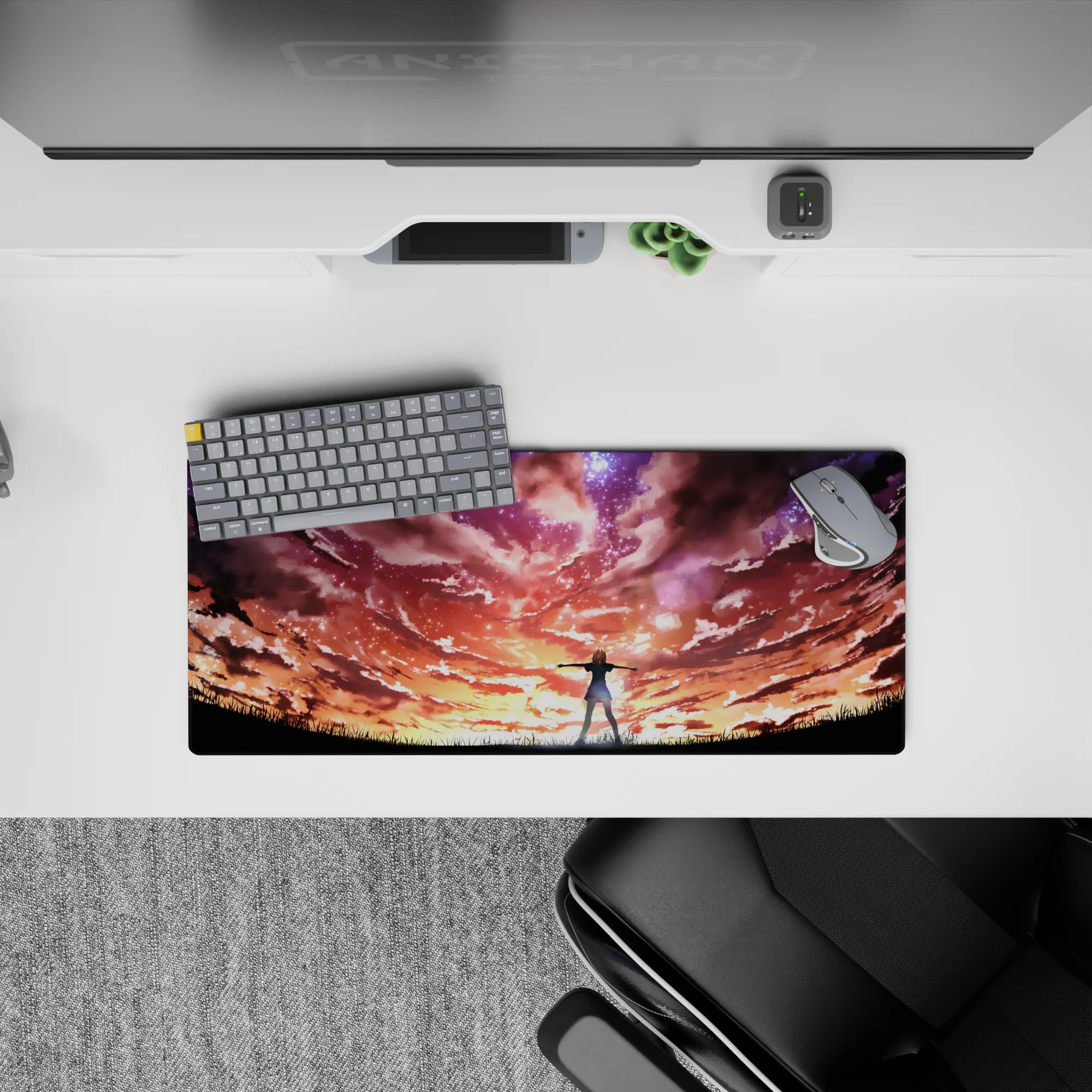 28x12 inches anime mouse pad in neon sunset oranges and soft violets, dreamy star sparkle, hopeful mood.