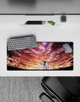 28x12 inches anime mouse pad in neon sunset oranges and soft violets, dreamy star sparkle, hopeful mood.