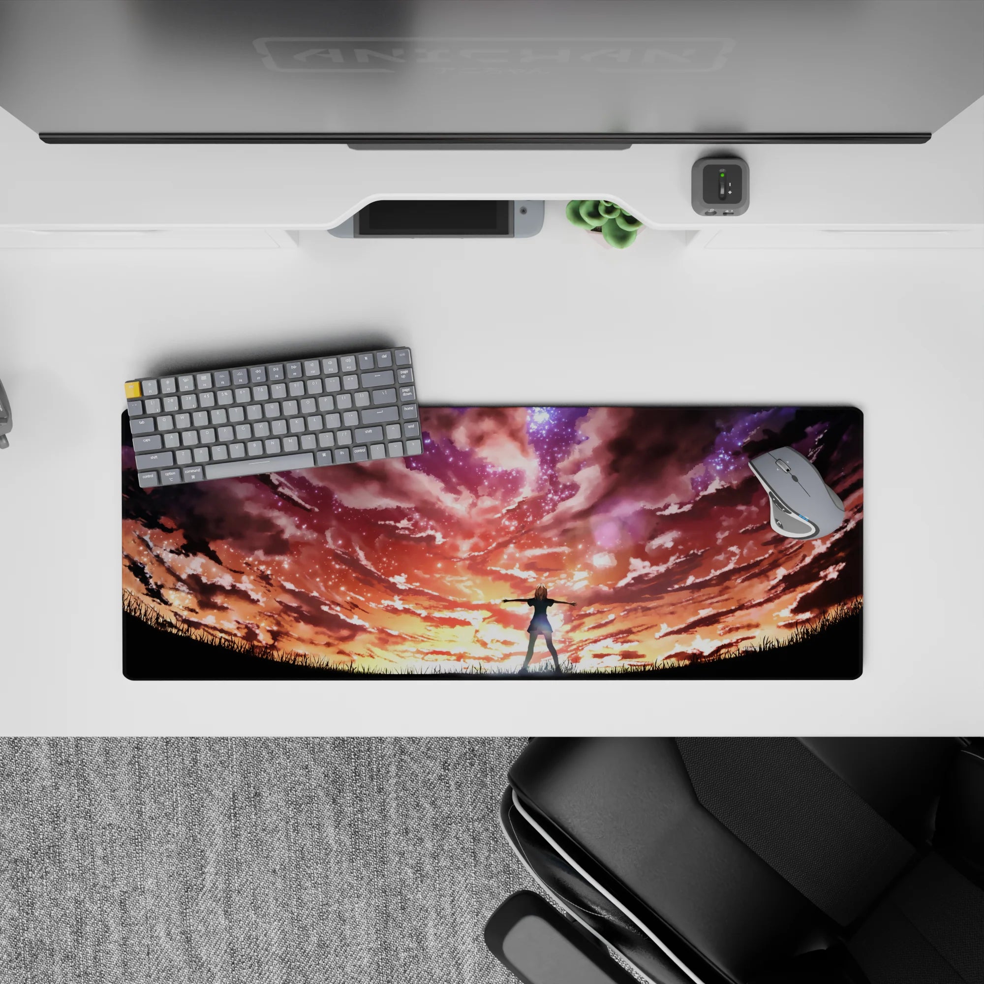 32x12 inches anime mouse pad in neon orange-to-violet sunset tones with dreamy sparkles and hopeful vibe.