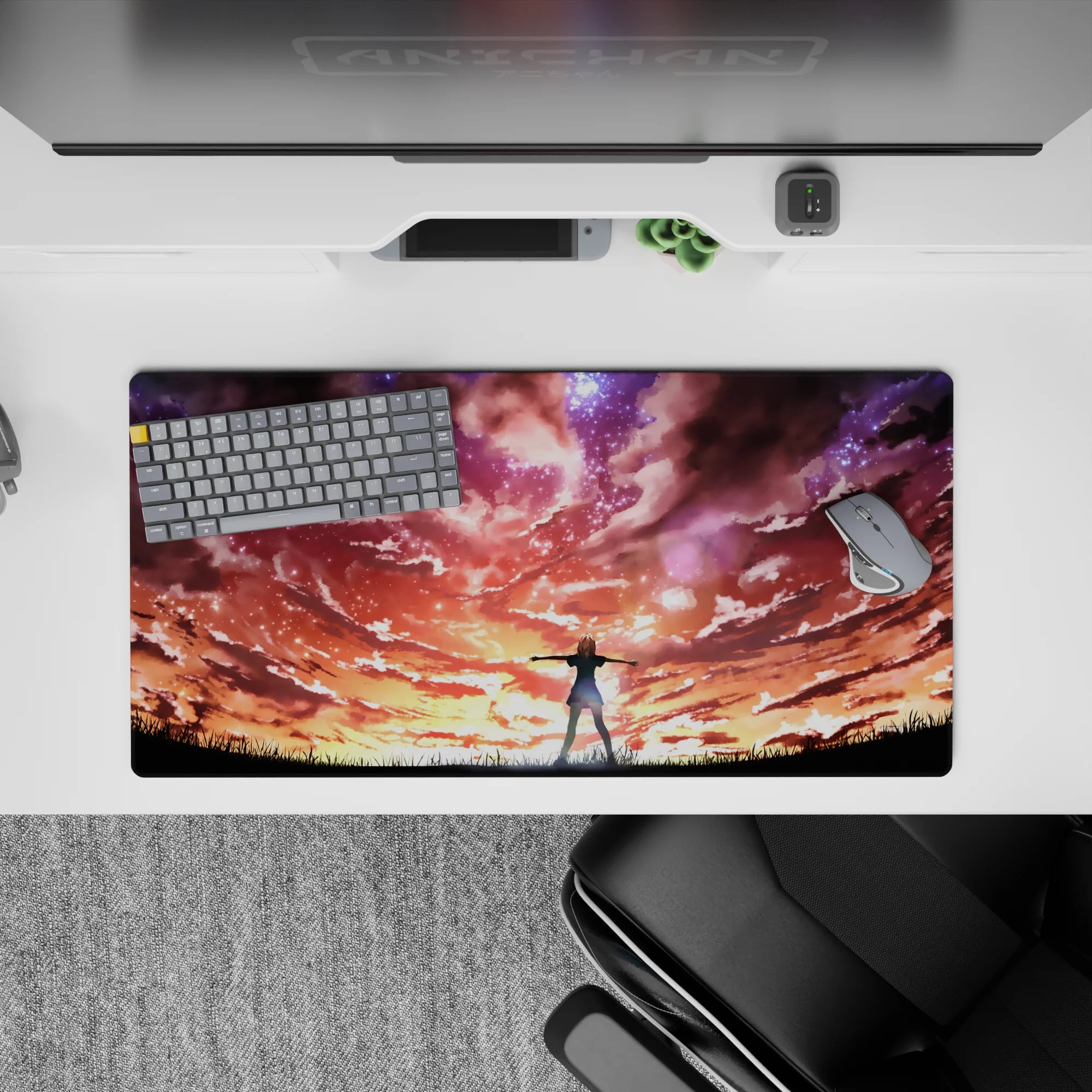 32x16 inches anime mouse pad in neon orange-to-violet sunset tones with dreamy galaxy clouds.
