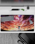 32x16 inches anime mouse pad in neon orange-to-violet sunset tones with dreamy galaxy clouds.