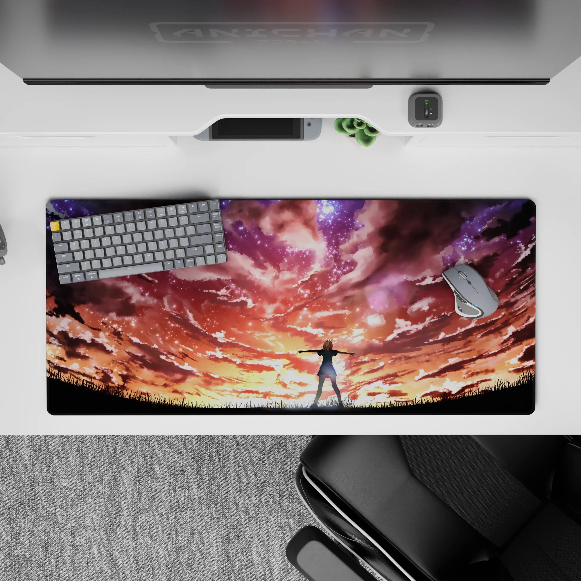 36x16 inches anime desk pad in neon orange-to-violet sunset tones with starry clouds, hopeful vibe.