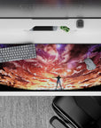 36x16 inches anime desk pad in neon orange-to-violet sunset tones with starry clouds, hopeful vibe.