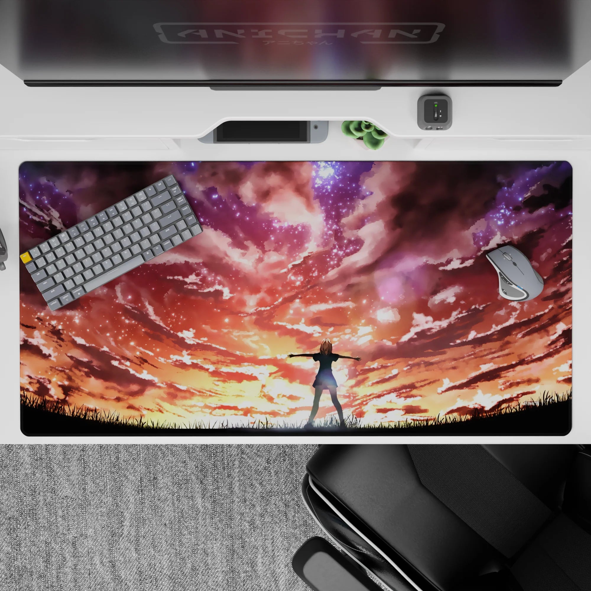 40x20 inches anime desk pad in neon orange-to-violet twilight, starry clouds, dreamy hopeful vibe.