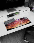 28x12 inches anime mouse pad featuring lone girl silhouette, arms wide in wind, facing a magical sunset sky.