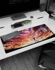 36x16 inches anime desk pad featuring windblown girl silhouette, arms wide on ridge beneath sparkling sky.