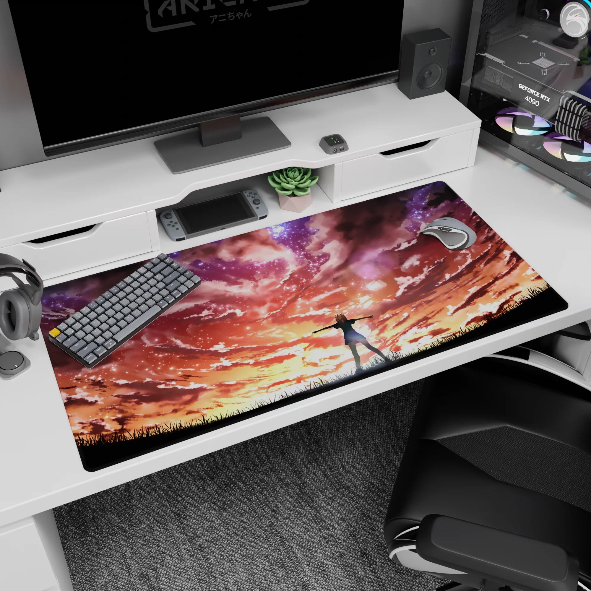 Anime desk pad 40x20 inches featuring lone girl silhouette, arms wide, wind-blown dress on horizon ridge.