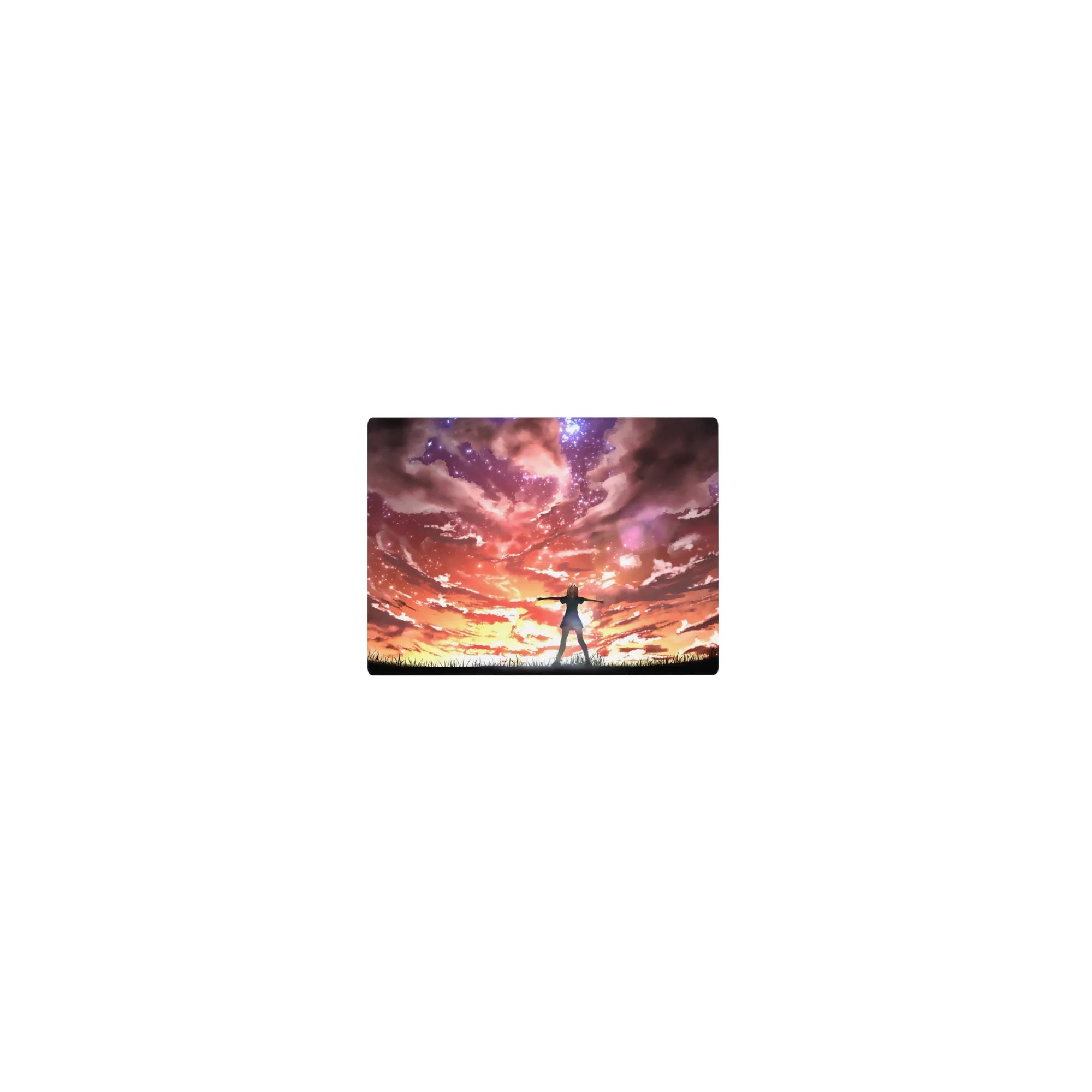 Classic anime mouse pad 14x10 inches with heroine silhouette on grassy ridge under a starry sunset sky.