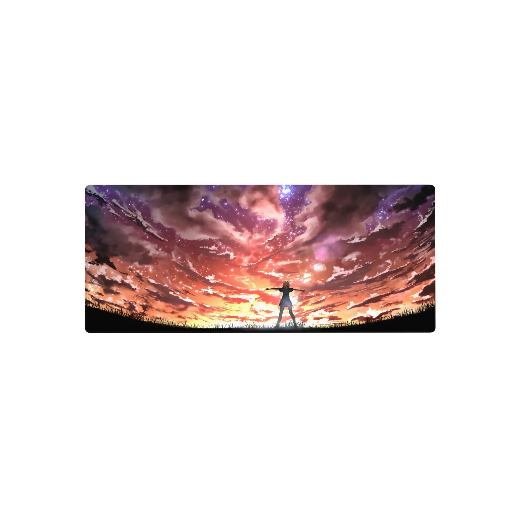 28x12 inches anime mouse pad with heroine on grassy ridge under swirling galaxy clouds and clean horizon.