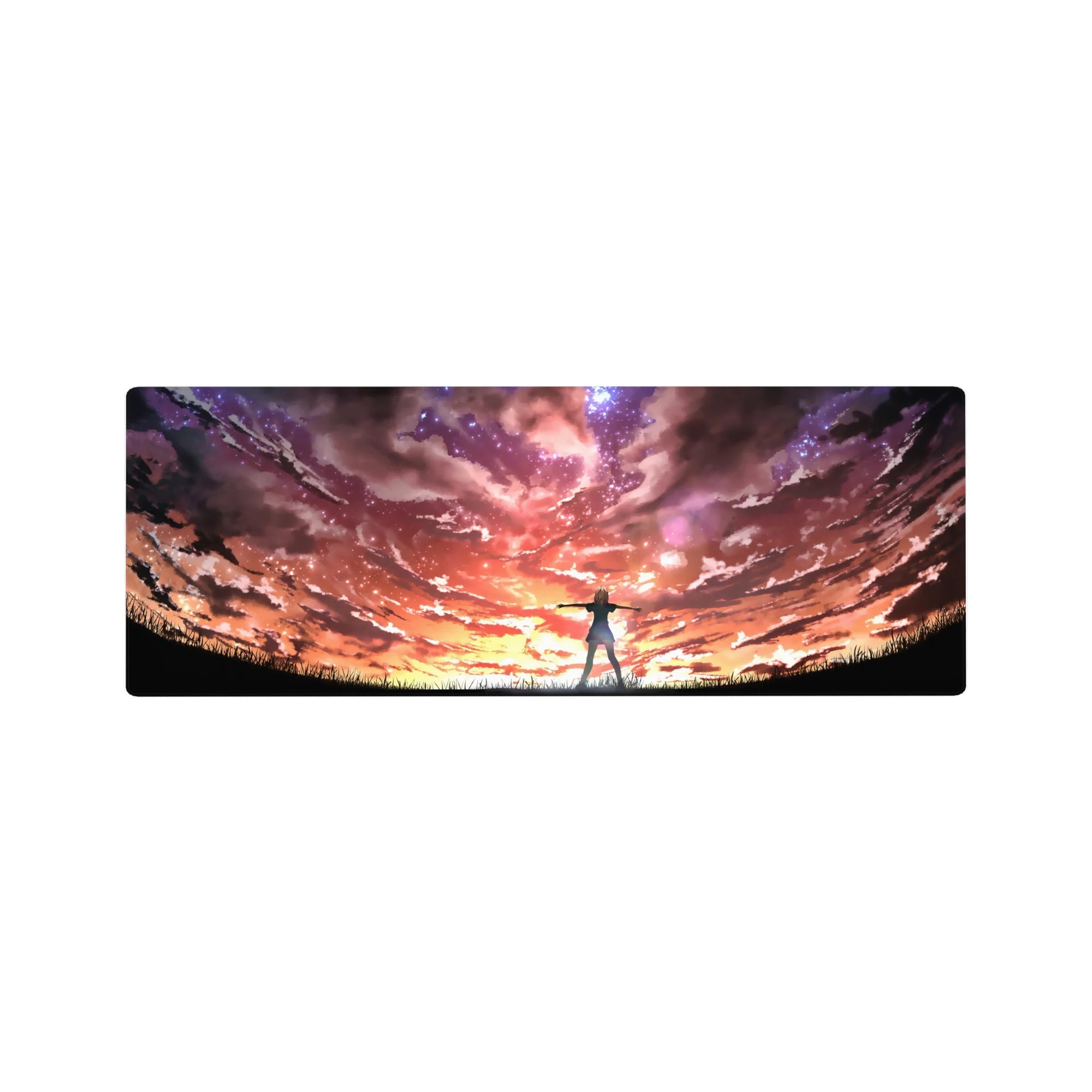 32x12 inches anime mouse pad with heroine on grassy ridge under swirling galaxy clouds and neon sunset.