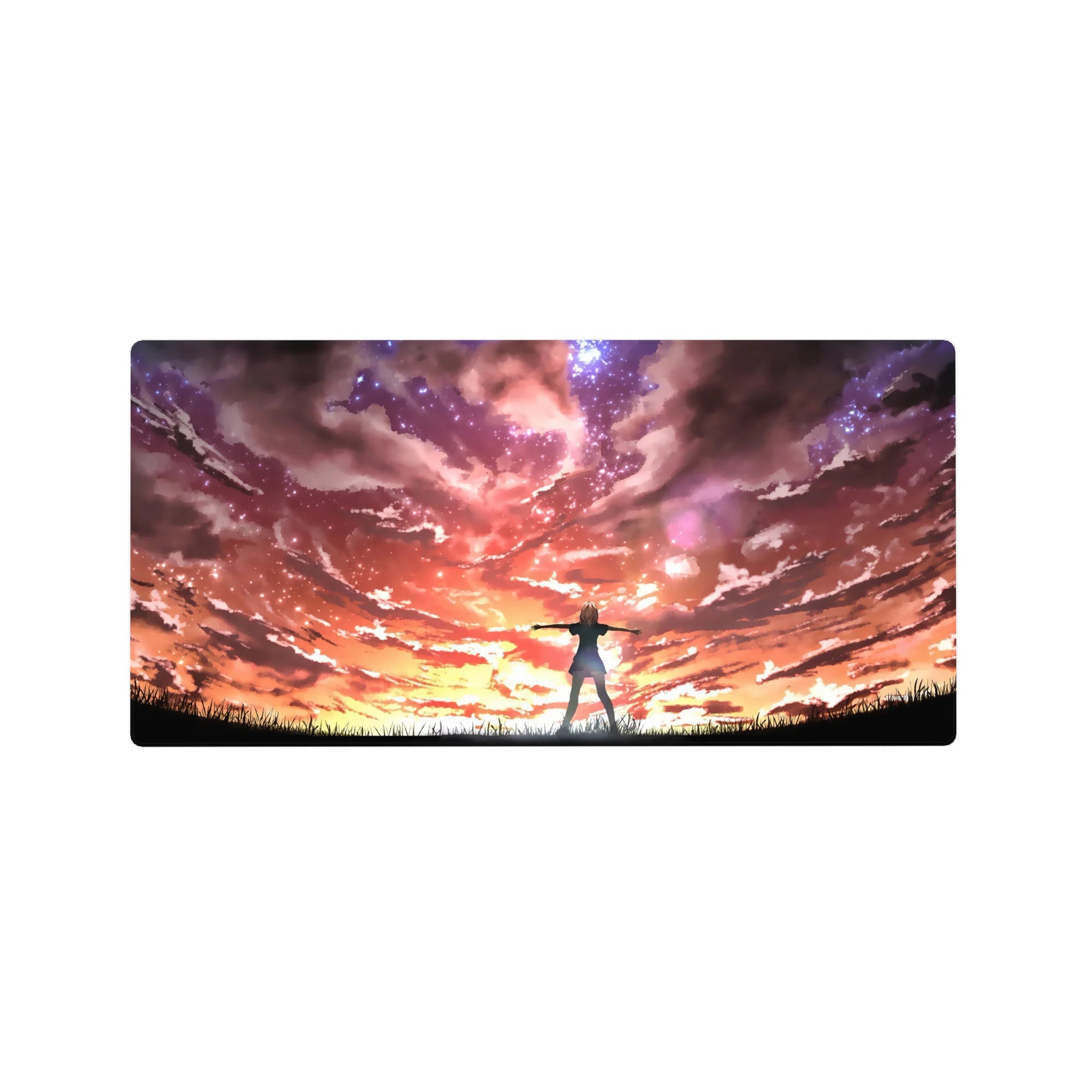 32x16 inches anime mouse pad with heroine on grassy ridge under swirling starry neon sunset sky.