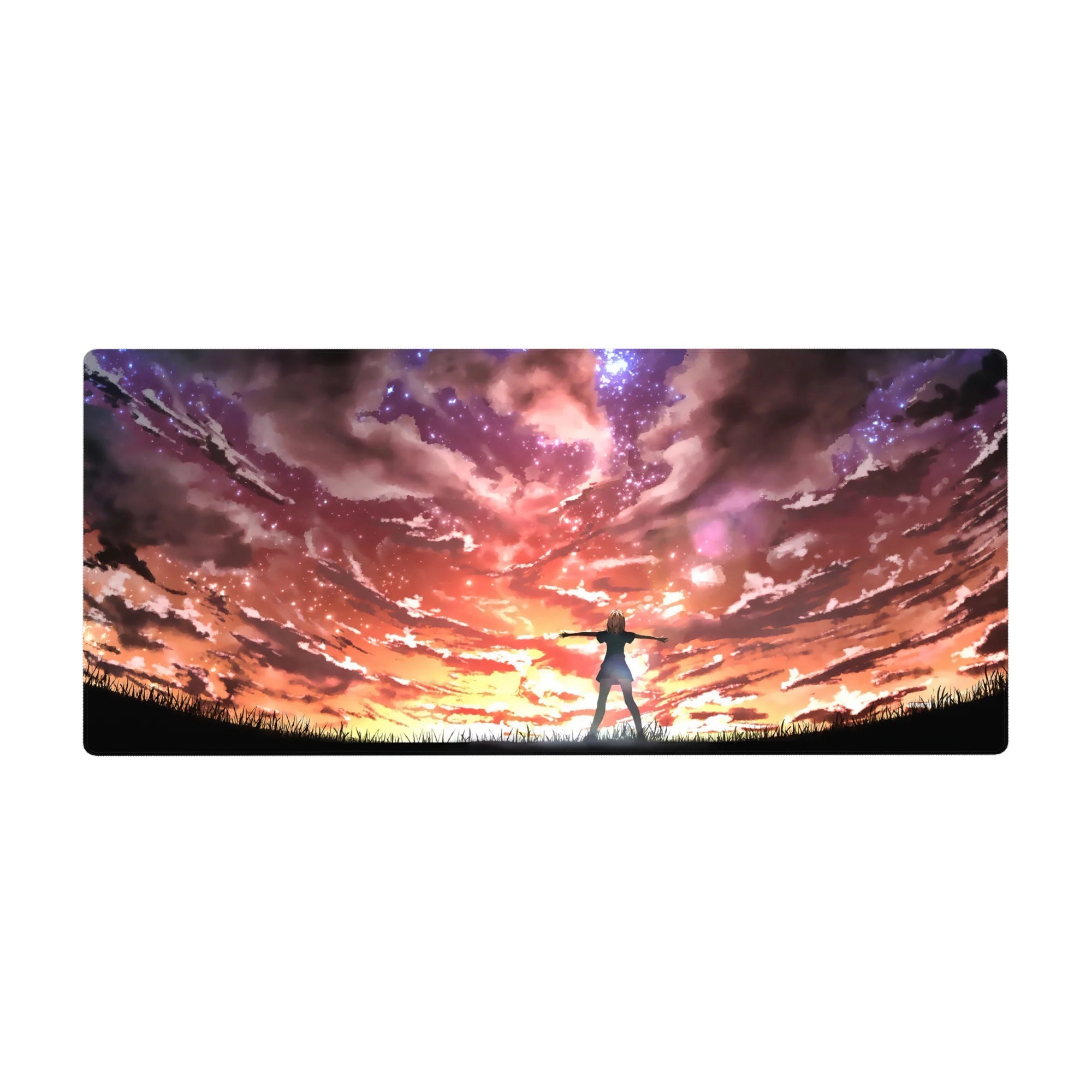 36x16 inches anime desk pad with heroine on grassy ridge under galaxy-like neon sunset sky.