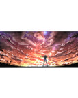 36x16 inches anime desk pad with heroine on grassy ridge under galaxy-like neon sunset sky.