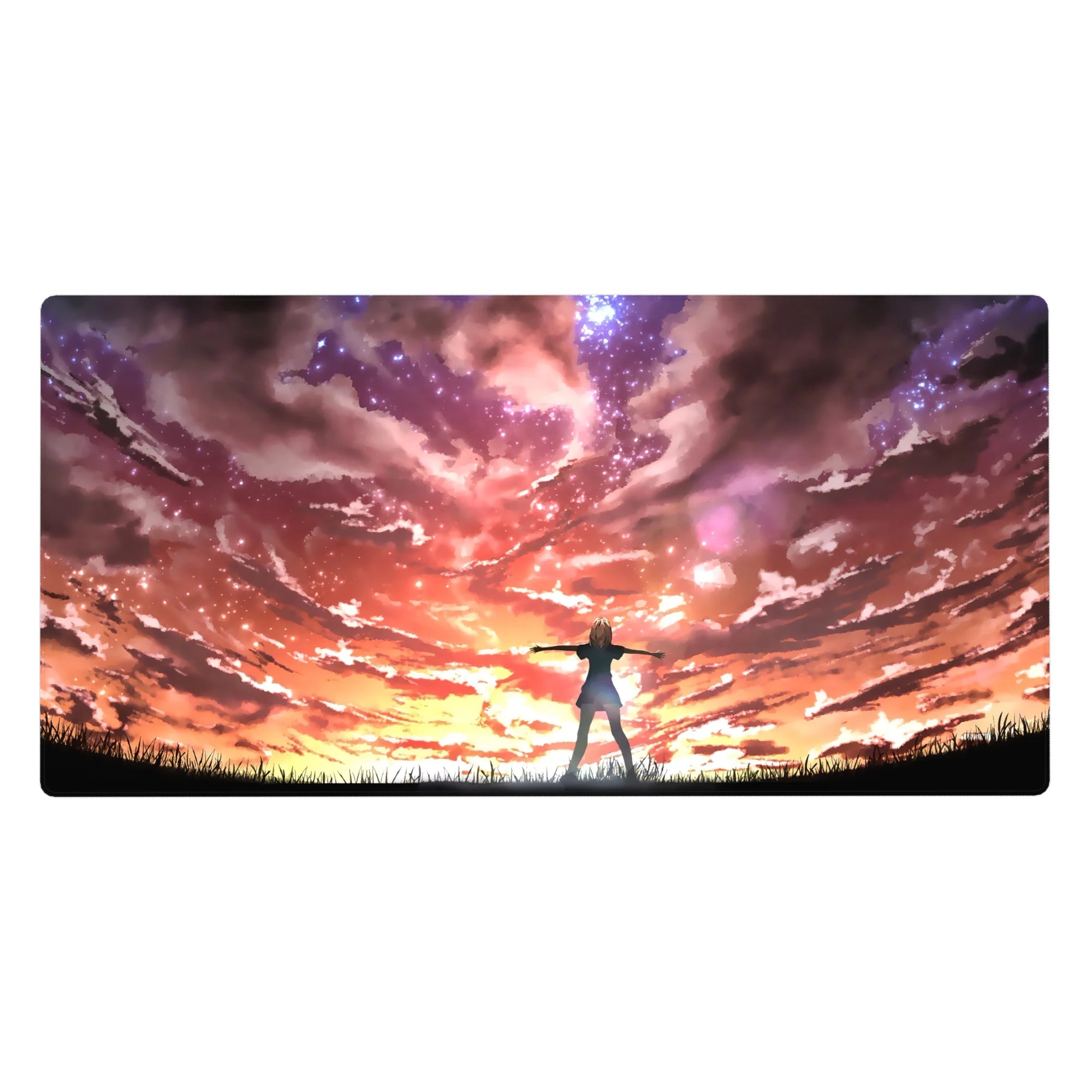 Anime desk pad 40x20 inches with heroine on grassy ridge under swirling galaxy-like sunset sky.