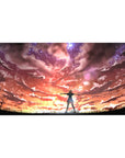 Anime desk pad 40x20 inches with heroine on grassy ridge under swirling galaxy-like sunset sky.