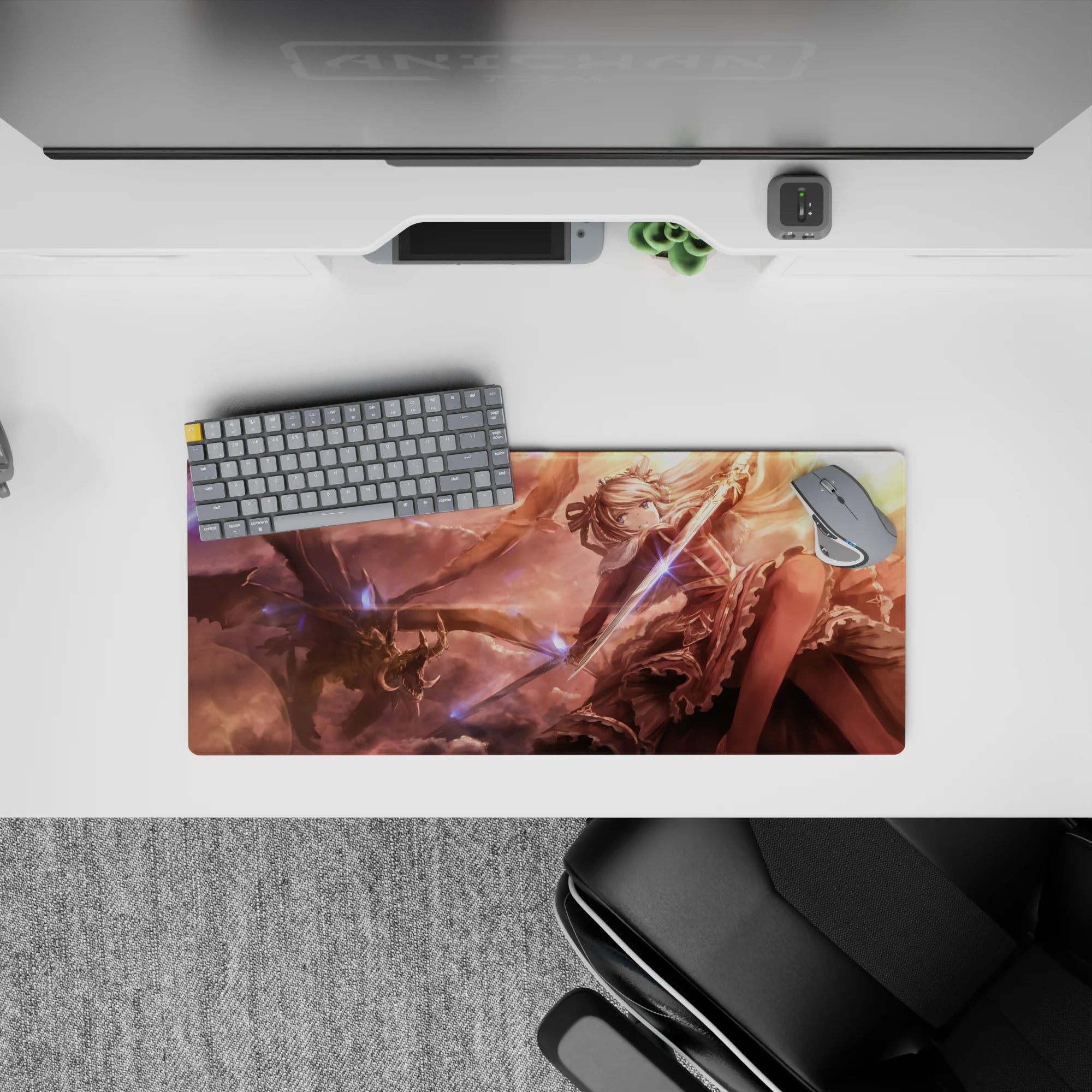 28x12 inches fantasy anime mouse pad in copper, rose, and gold sunset tones with blue magic sparks.