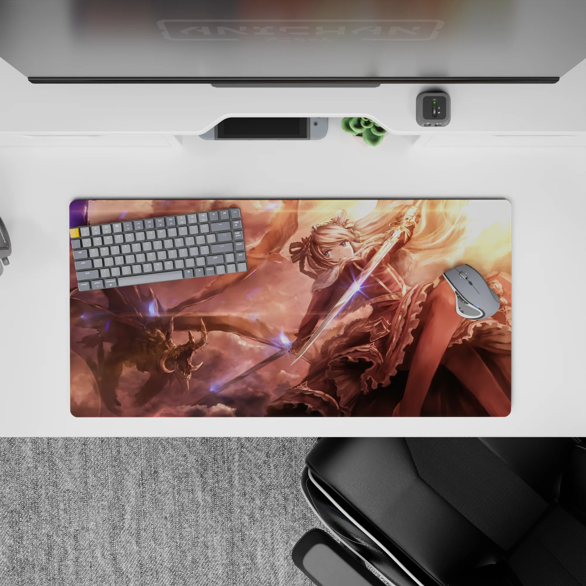 32x16 inches anime girl mouse pad in copper, rose, and gold sunset tones with blue magic sparks.