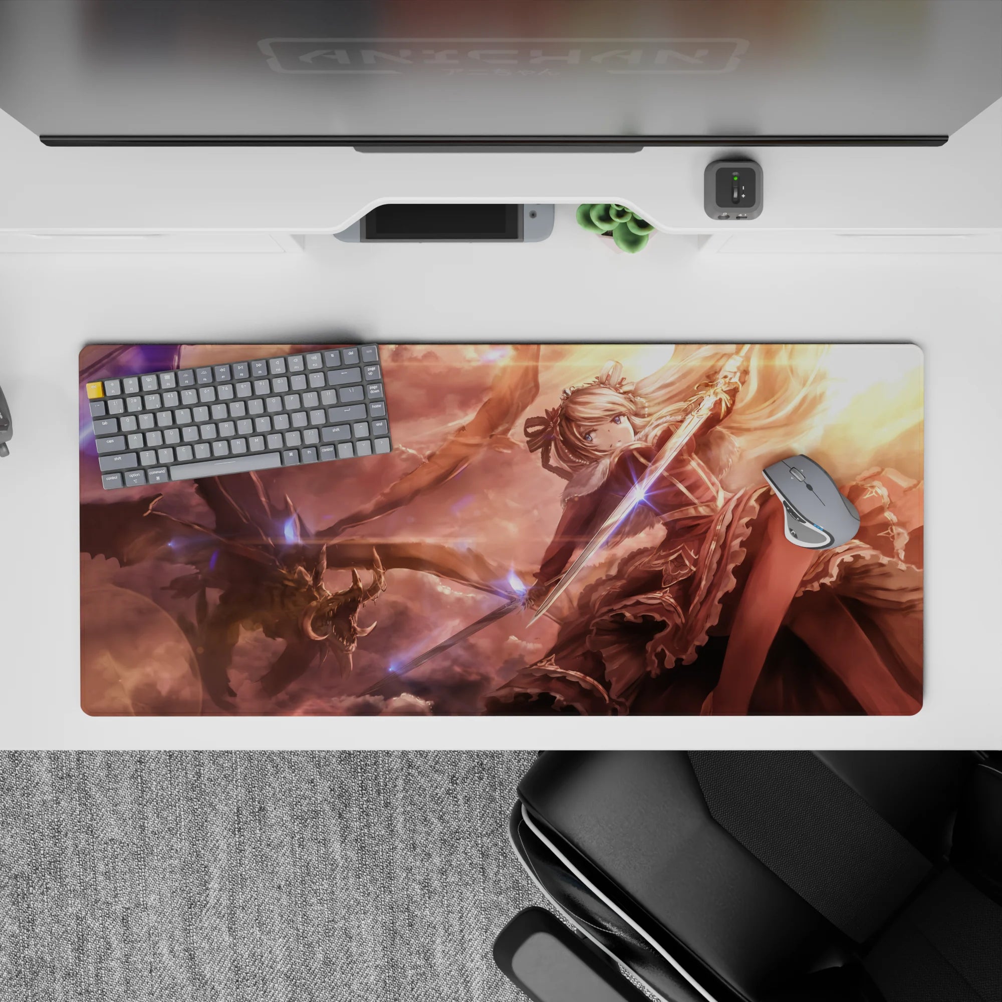 Cinematic 36x16 inches anime desk pad in copper, rose, and gold clouds with glowing blue magic confetti.