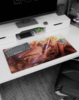 32x16 inches anime girl mouse pad showing ribbon-haired knight in skirt armor slashing sky as dragon circles.