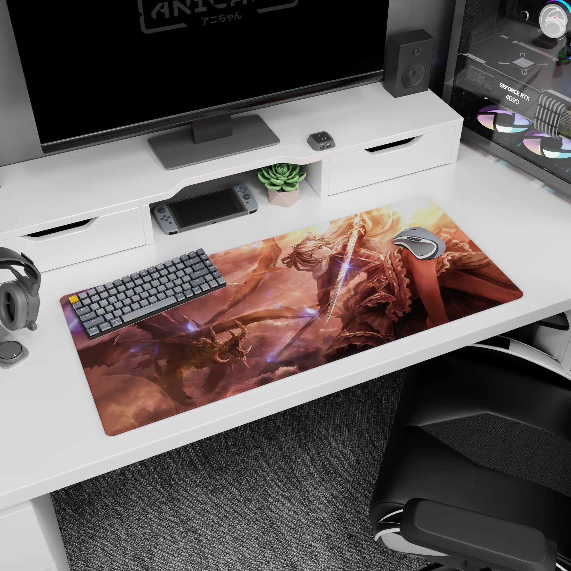36x16 inches anime girl desk pad featuring a silver-haired armored heroine wielding a shining sword at dusk.