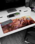 36x16 inches anime girl desk pad featuring a silver-haired armored heroine wielding a shining sword at dusk.