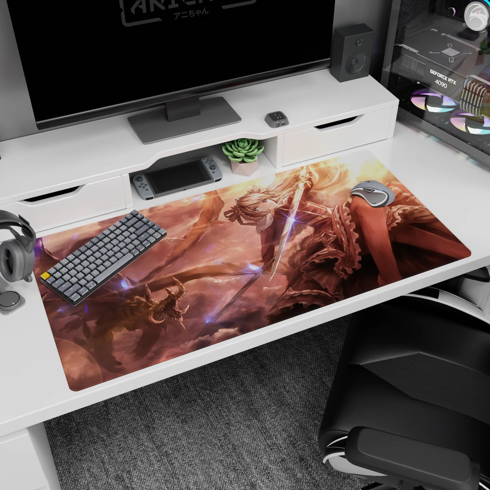 40x20 inches desk pad showing a silver-haired armored heroine slashing a sword as a dark dragon circles.