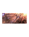 28x12 inches anime girl mouse pad with silver-haired knight, ribboned hair, armor skirt, dragon, sunset.
