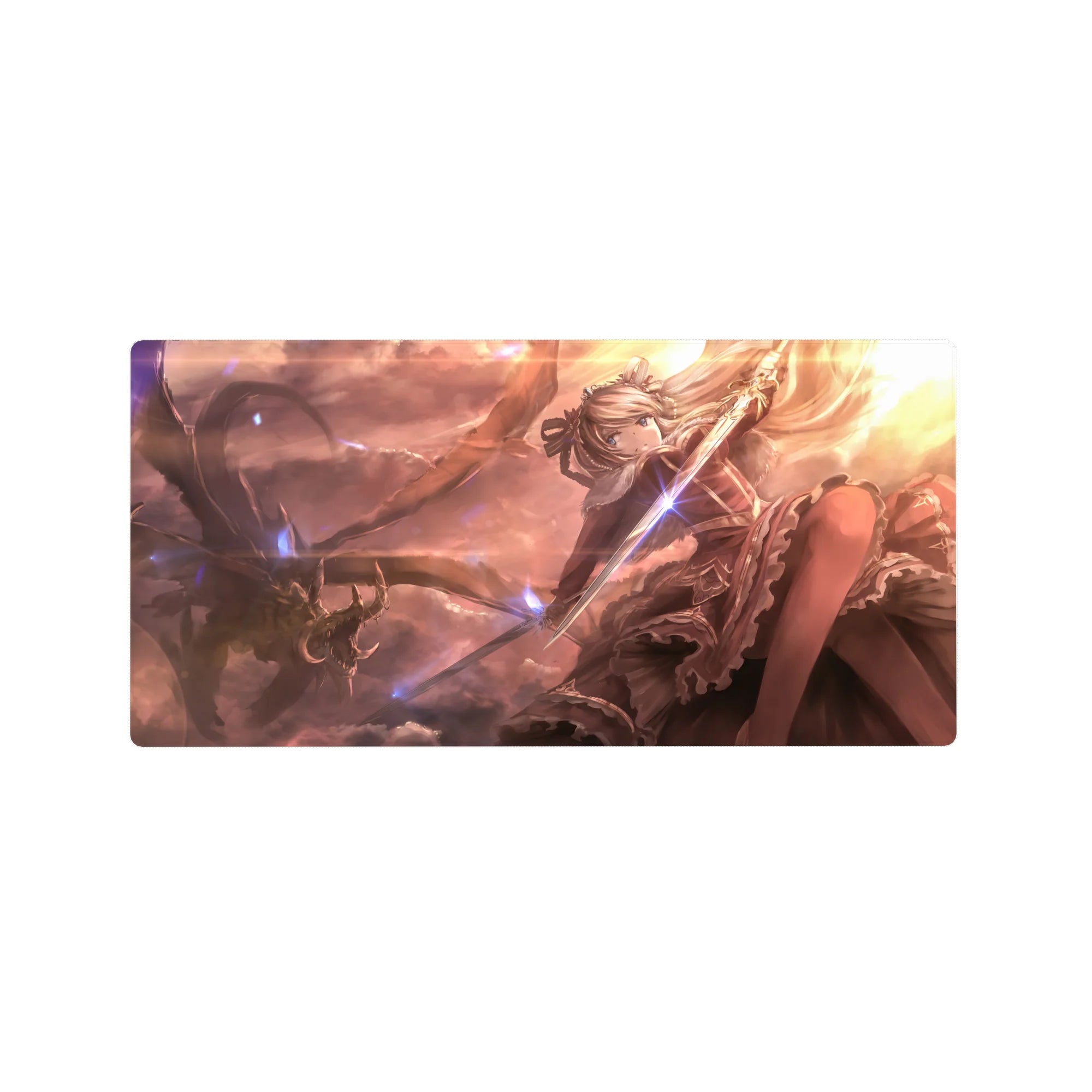 32x16 inches anime girl mouse pad with silver-haired knight, sword, dragon silhouette, fantasy sunset scene.