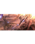 Anime girl desk pad 36x16 inches with silver-haired knight, dragon silhouette, and magic sparks at sunset.