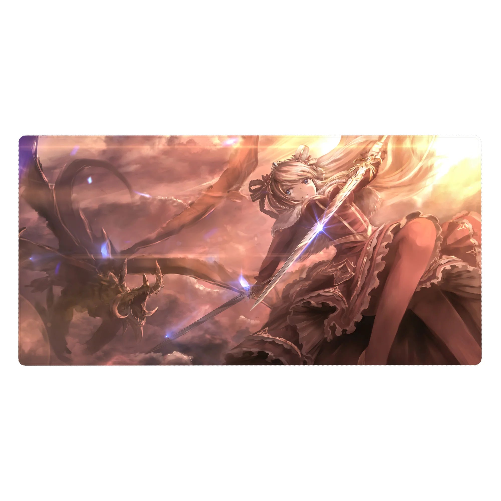 40x20 inches anime girl desk pad with silver-haired knight, ribboned hair, dragon, and sunset sword scene.