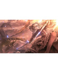 40x20 inches anime girl desk pad with silver-haired knight, ribboned hair, dragon, and sunset sword scene.