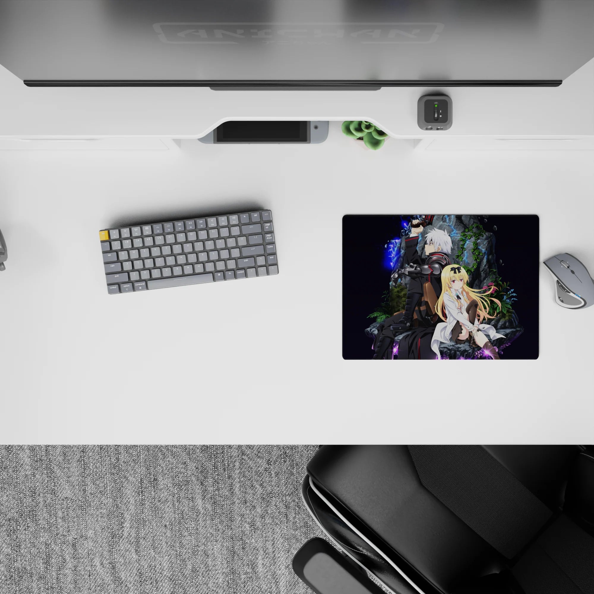 14x10 inches classic anime mouse pad in deep violet space with blue lightning and moody neon contrast.