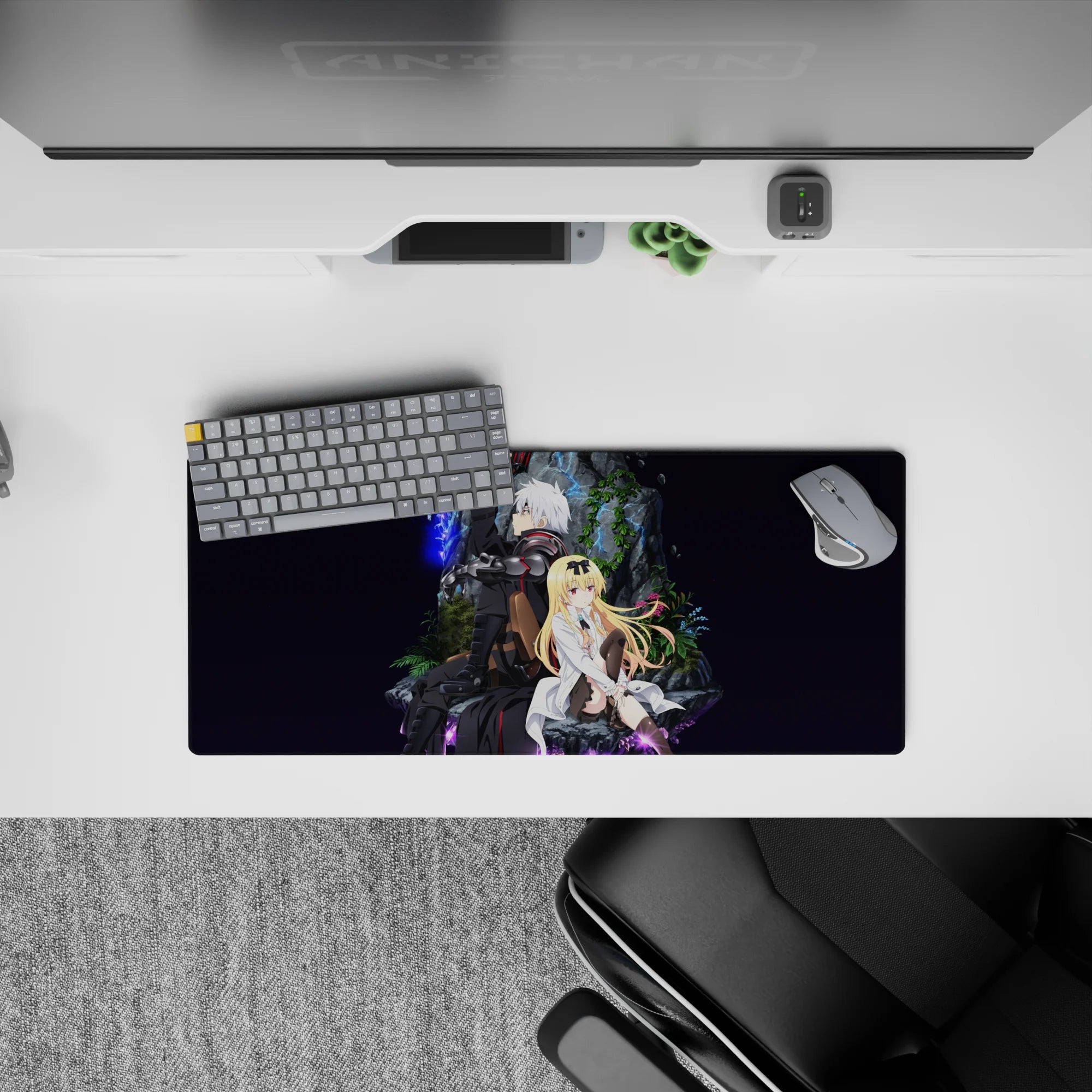 28x12 inches anime mouse pad in deep violet space glow with blue lightning, moody neon contrast artwork.