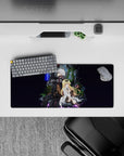 28x12 inches anime mouse pad in deep violet space glow with blue lightning, moody neon contrast artwork.