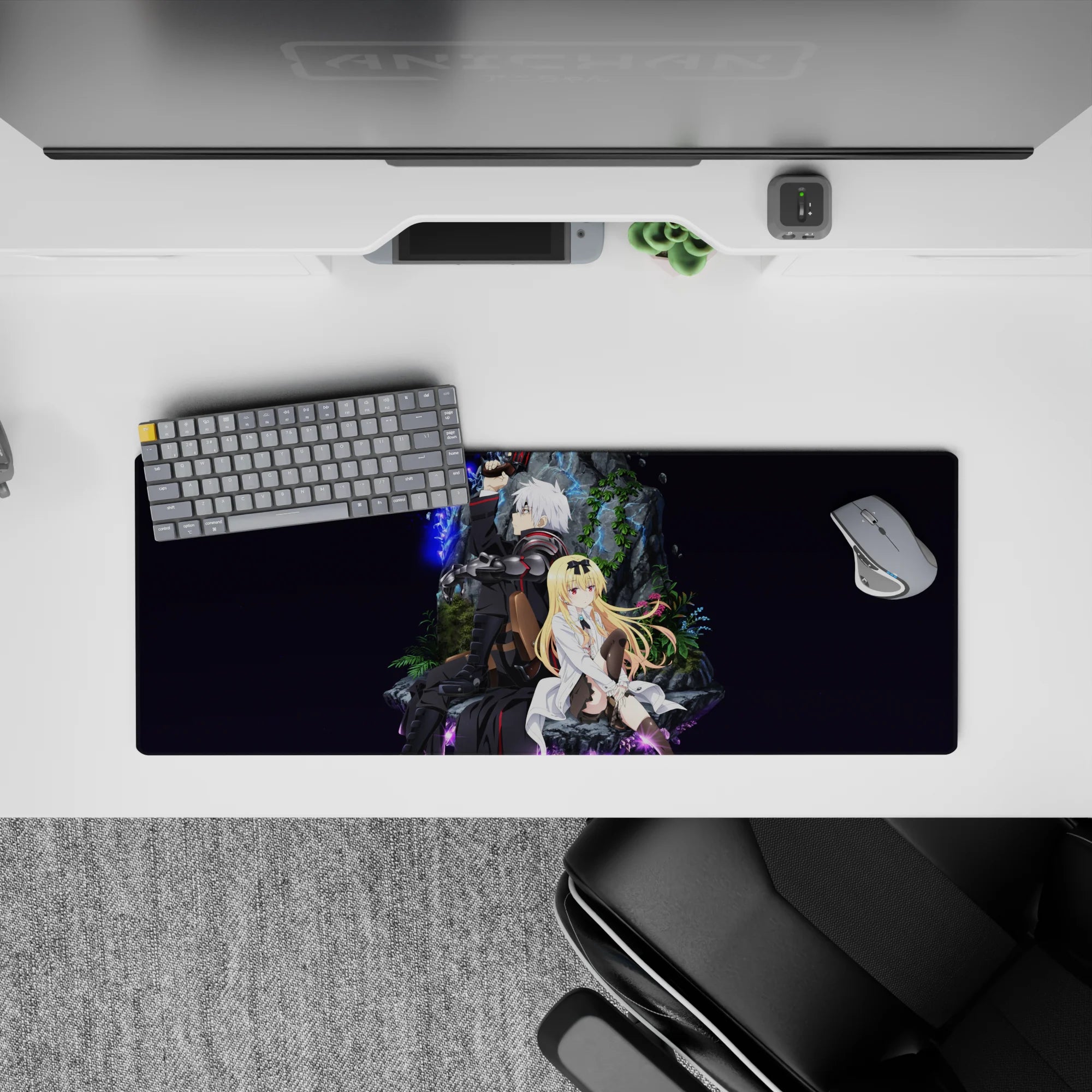 32x12 inches anime mouse pad in deep violet space with blue lightning, crisp contrast, moody vibe.