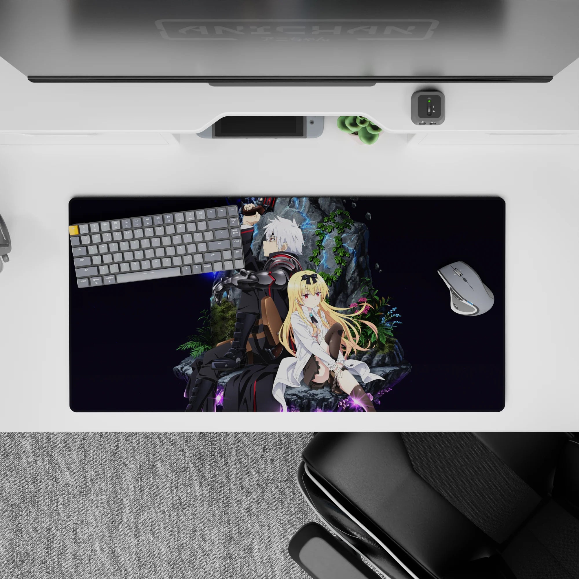 32x16 inches anime mouse pad in deep violet space tones with neon blue lightning and crisp contrast.