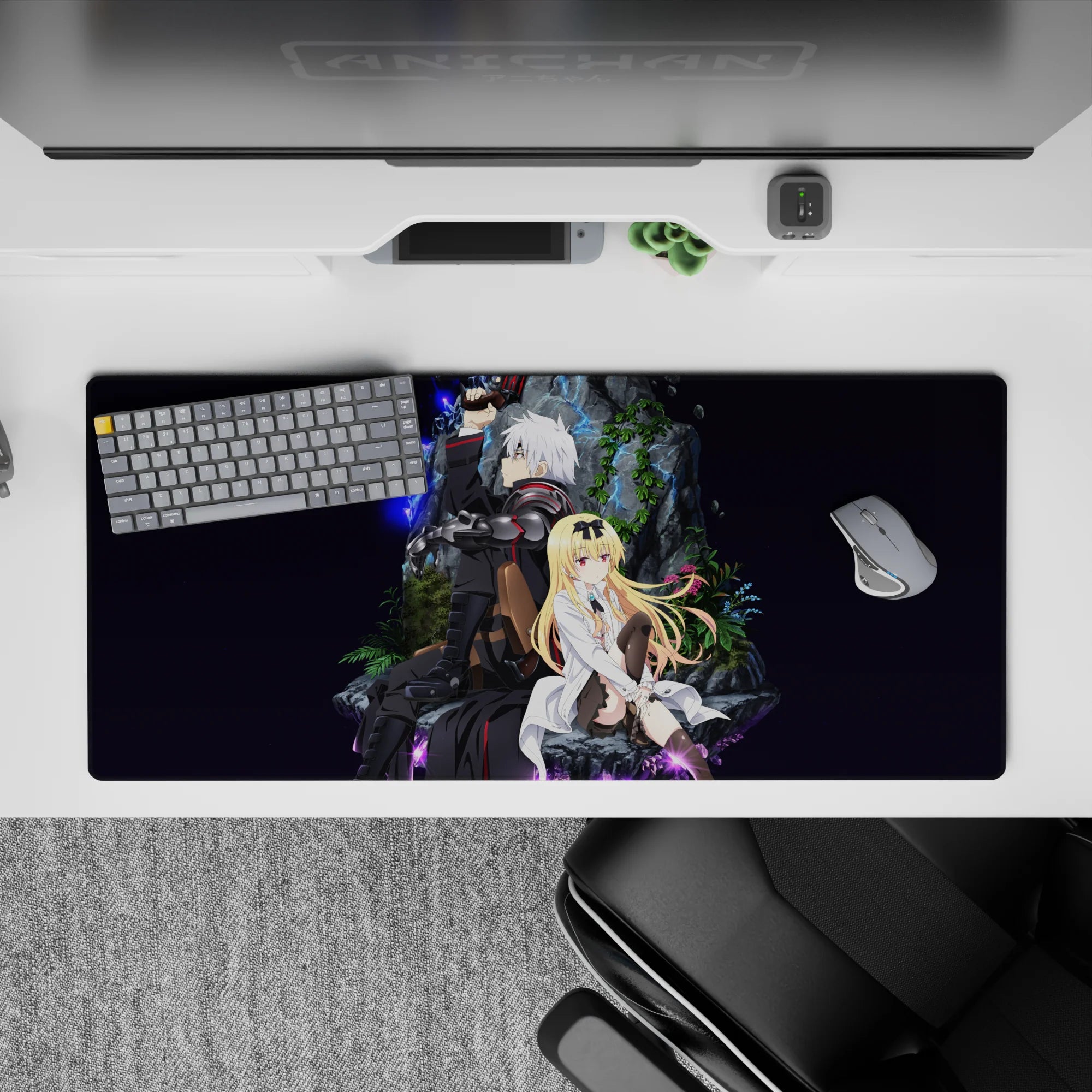 36x16 inches anime desk pad in deep violet space with neon blue lightning accents and moody contrast.
