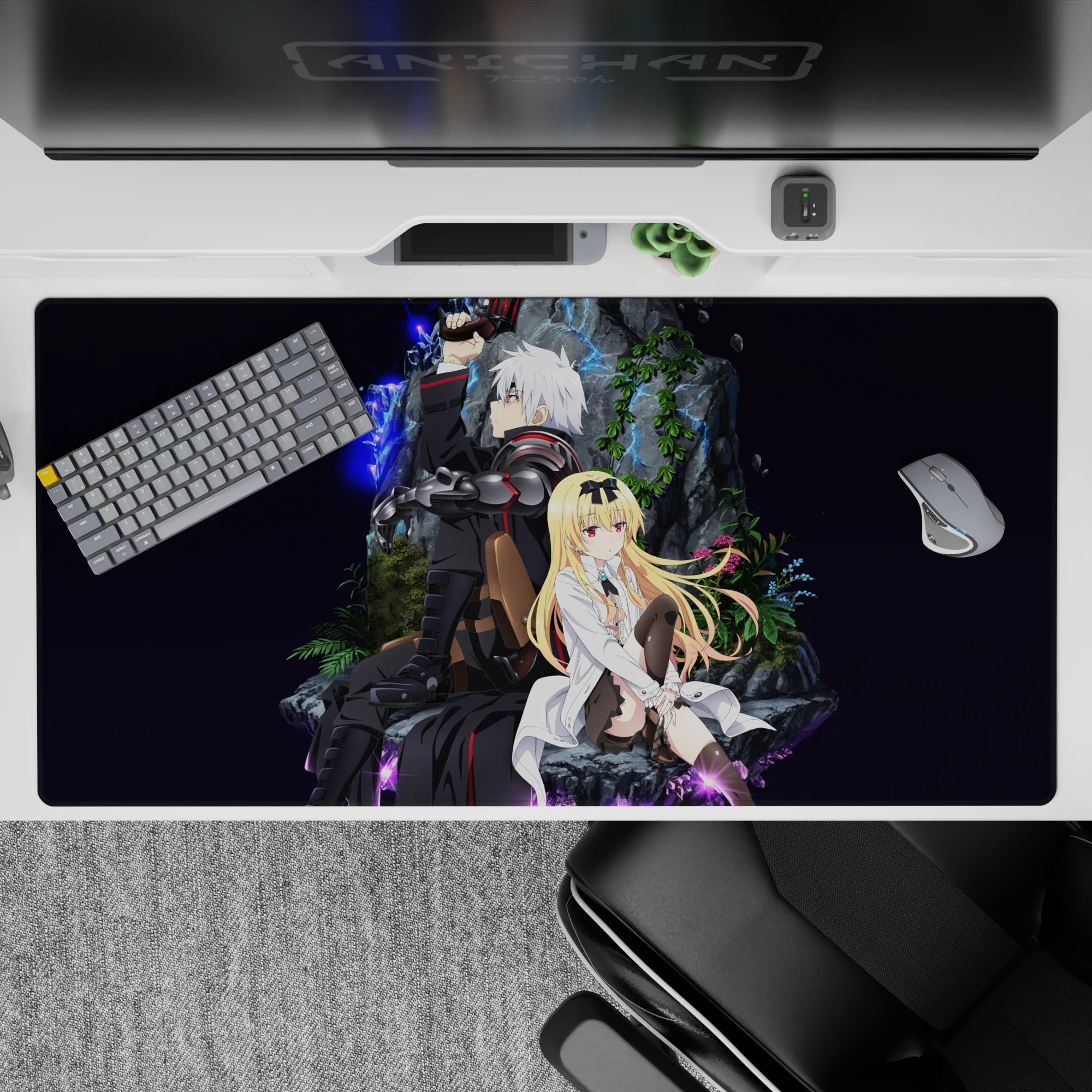 Moody violet-space anime desk pad 40x20 inches with blue lightning accents and crisp neon contrast.