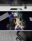 Moody violet-space anime desk pad 40x20 inches with blue lightning accents and crisp neon contrast.