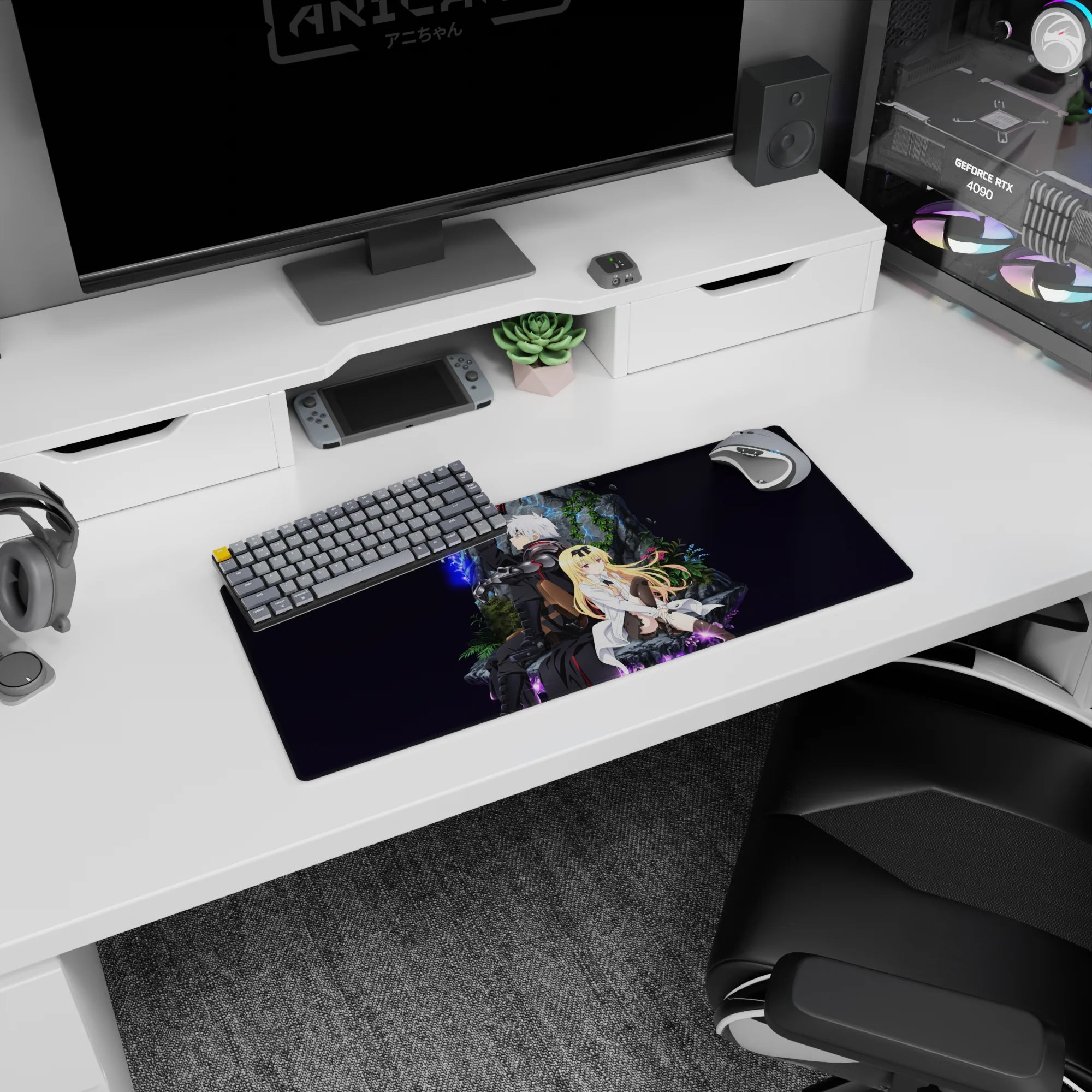28x12 inches anime mouse pad showing silver-haired armored man with crackling arm beside calm blonde scientist girl.
