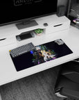 28x12 inches anime mouse pad showing silver-haired armored man with crackling arm beside calm blonde scientist girl.