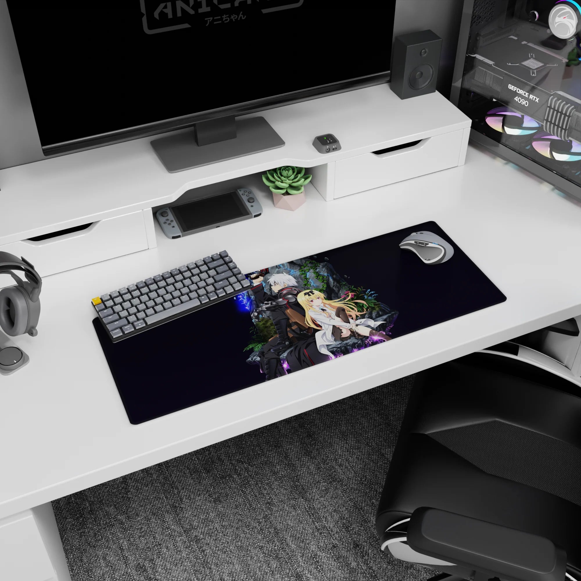 32x12 inches anime mouse pad showing duo by mossy rock: lightning-wreathed fighter and calm blonde scientist.