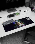 32x12 inches anime mouse pad showing duo by mossy rock: lightning-wreathed fighter and calm blonde scientist.