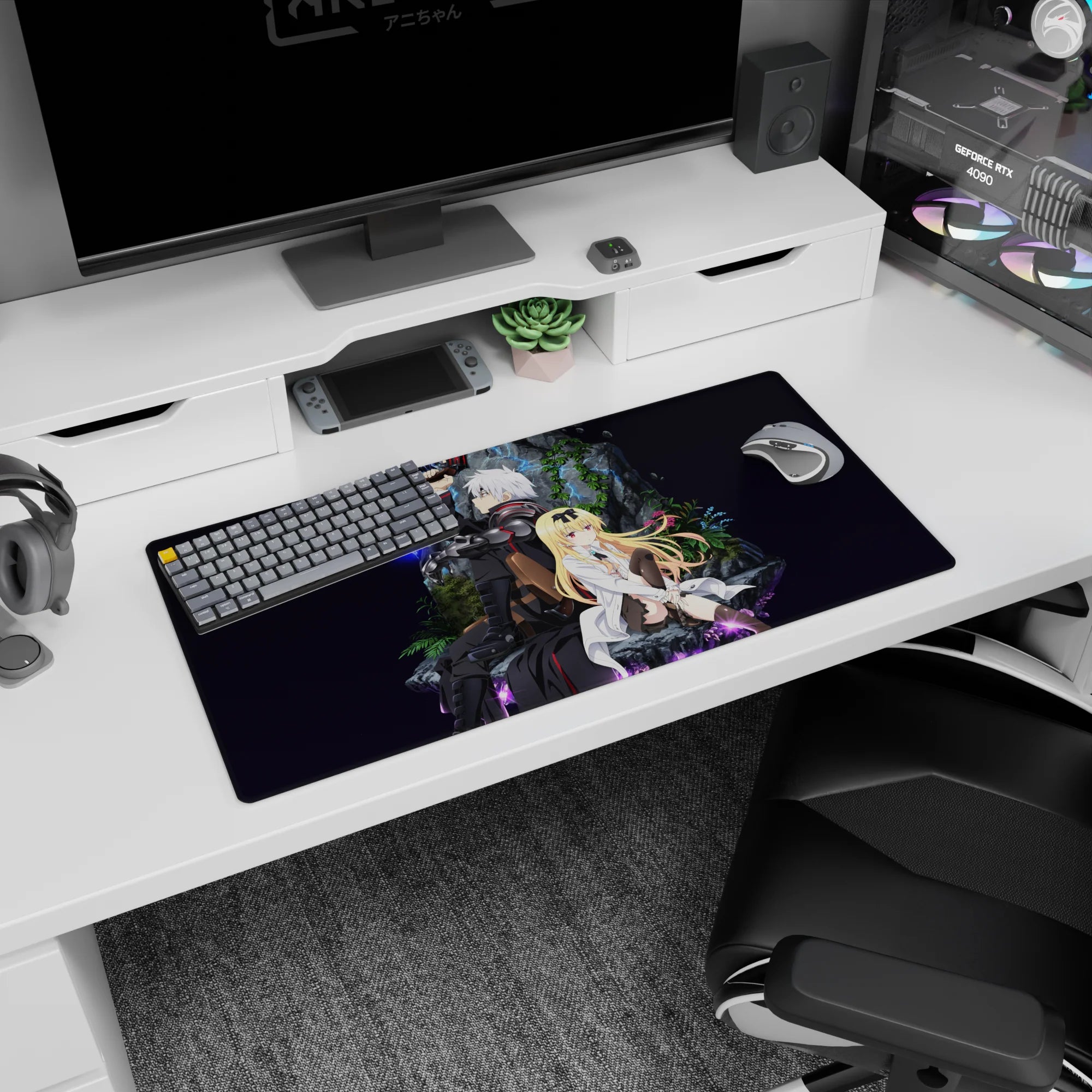 32x16 inches anime mouse pad of a silver-haired warrior crackling with blue sparks beside a calm blonde scientist.