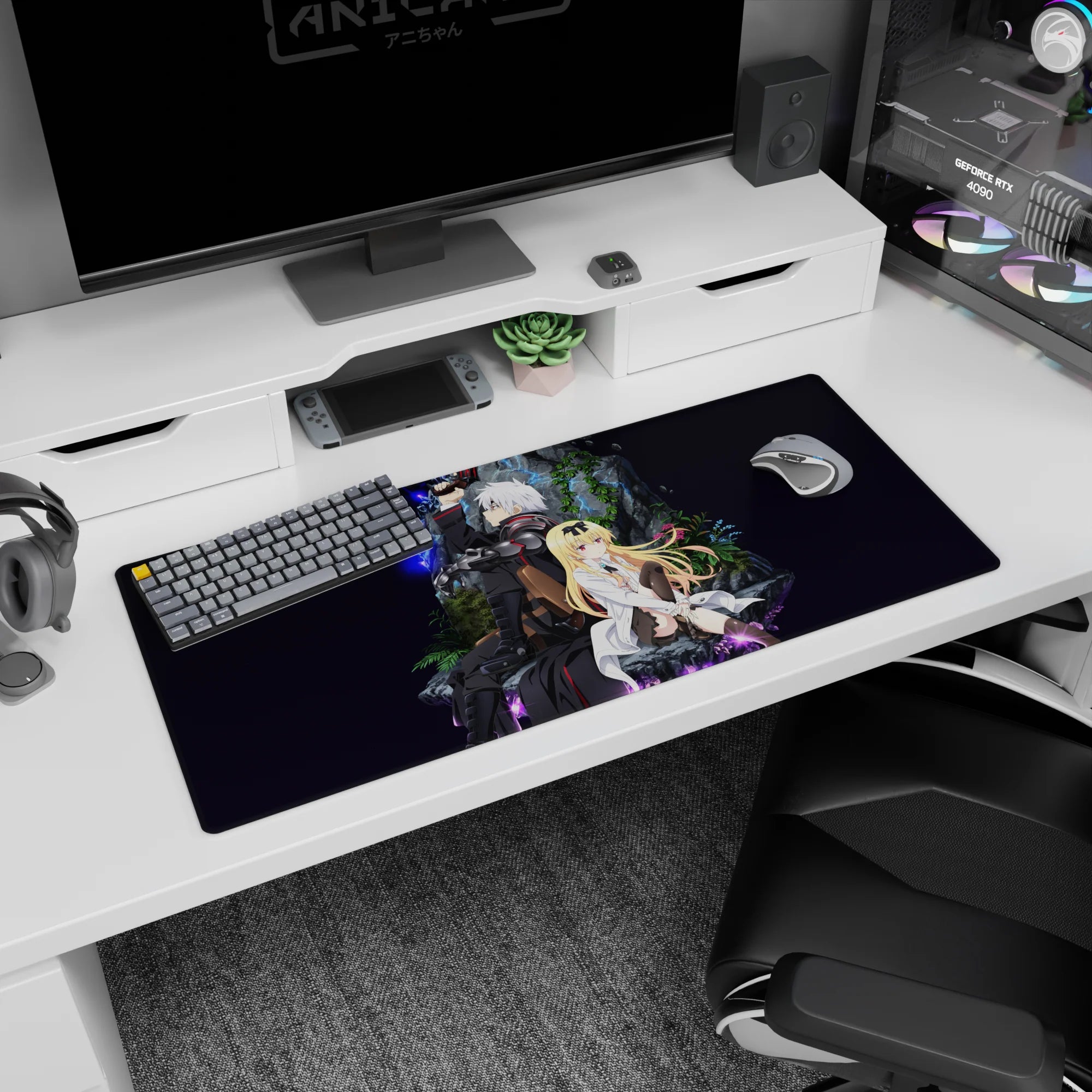 36x16 inches anime desk pad showing blue lightning on a silver-haired soldier beside a calm blonde scientist.