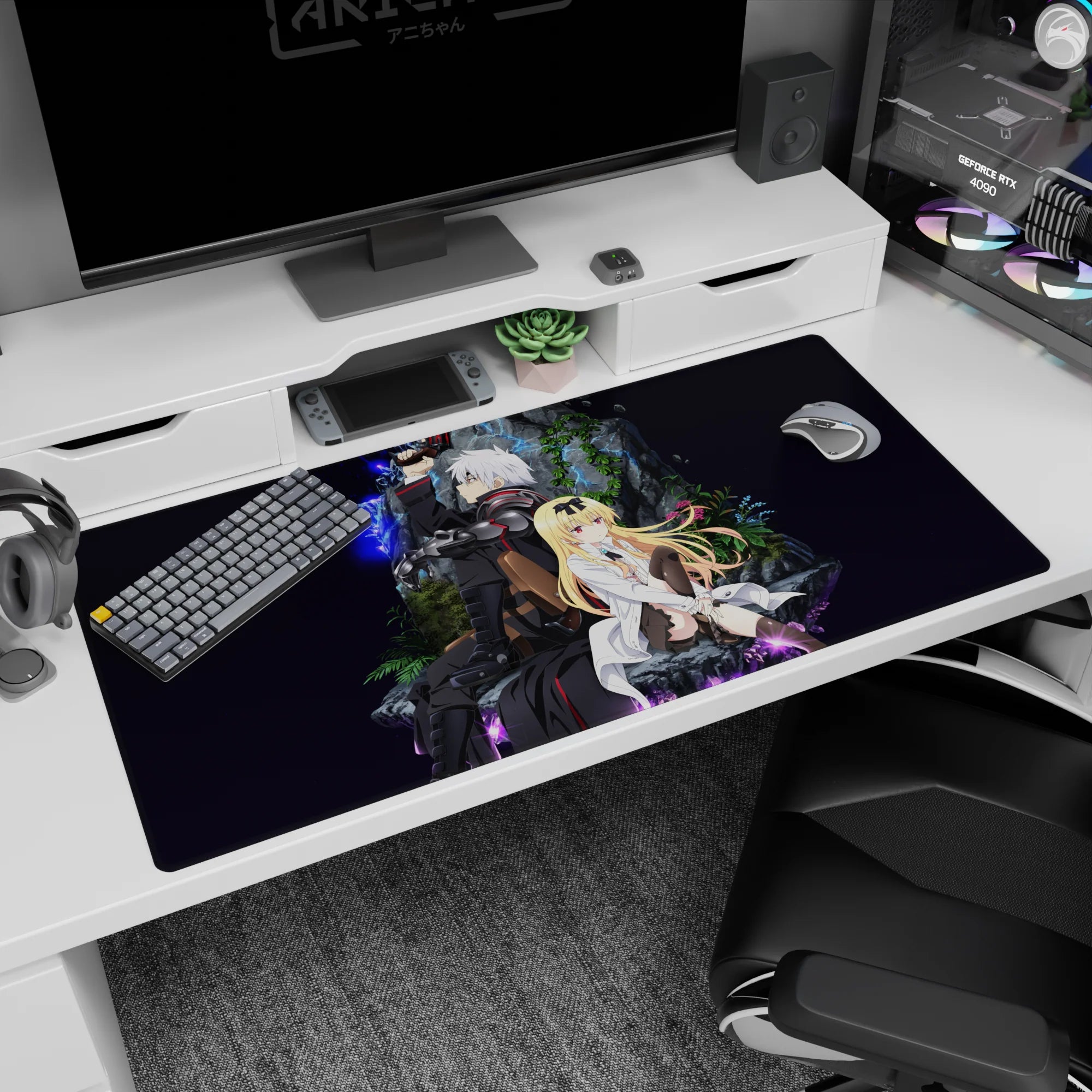 40x20 inches anime desk pad showing silver-haired soldier sparking blue lightning beside a calm blonde scientist.