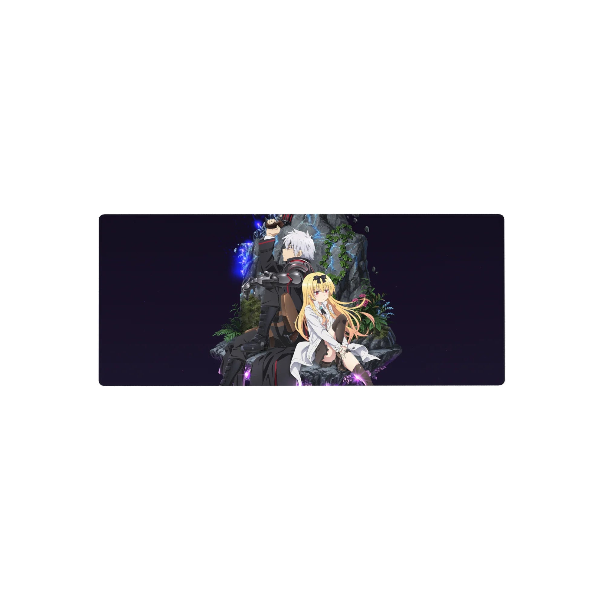 28x12 inches anime mouse pad with tactical fighter and lab coat girl in a mossy rock hideout, neon sparks.