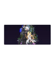 28x12 inches anime mouse pad with tactical fighter and lab coat girl in a mossy rock hideout, neon sparks.